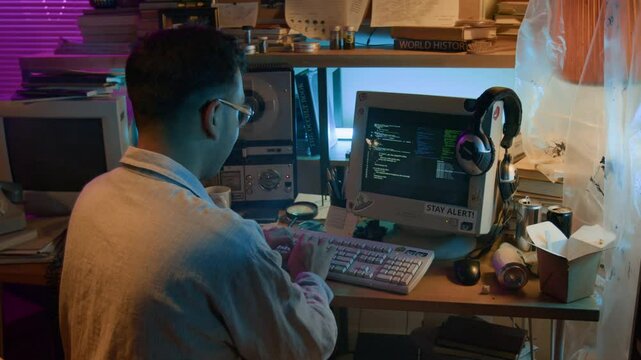 Young male programmer writing code on retro computer while sitting at wooden desk with telephone, vintage tape recorder, books, empty cans and paper container on it