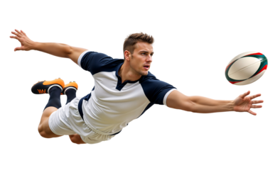 Rugby player diving forward to catch a rugby ball midair