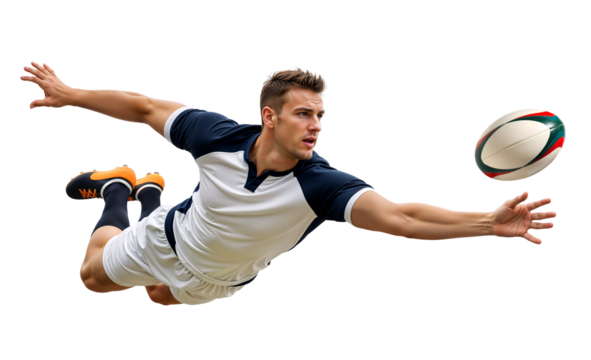 Rugby player diving forward to catch a rugby ball midair
