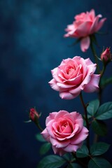 Fototapeta premium Pink rose blooms on a dark blue velvet-like background, blossoms, garden