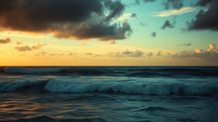 Fototapeta premium Ocean Waves at Sunset with Dramatic Sky and Cloud Formations