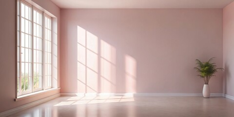 Serene Empty Room with Sunlight Streaming Through a Large Window and a Single Plant in a Corner