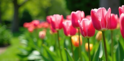 Obraz premium Pink tulips in a garden with greenery and flowers, gardening, blooming, tulip