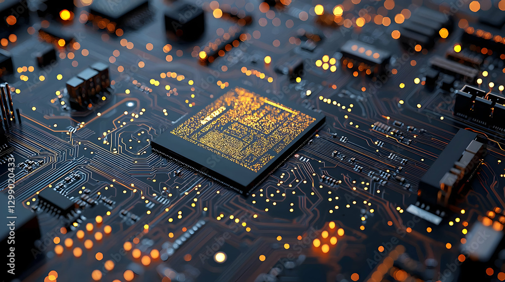 Poster close up of illuminated circuit board detailing electronic components and network connections