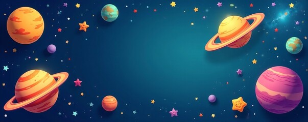 Assortment of adorable stars, moons, and planets in vibrant colors on blue background, planets, cute