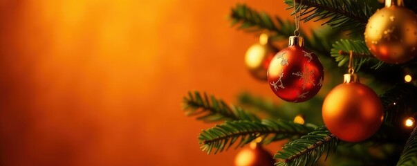 Fototapeta premium Golden ornaments on a bright orange Christmas tree, Christmas Tree, Sparkly