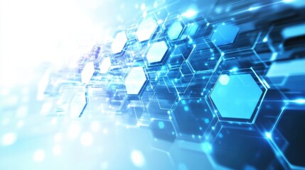 Modern 3D hexagonal technology abstract background features blue bright energy flashes under hexagons in a futuristic technology design against a white background
