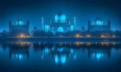 Fototapeta premium Majestic Taj Mahal illuminated at night, reflecting in water with serene surroundings and soft lights