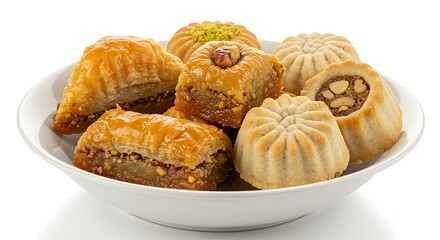 A bowl of colorful traditional Eid sweets like baklava and maamoul, white background