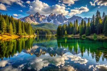 Fototapeta premium Mountain Lake Reflection Surrounded by Pine Forest
