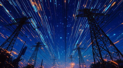 Fototapeta premium Render Of Power Transmission Lines with 3D Digital Visualization of Electricity. Fantastic Visuals of Night Sky Full of Bright Stars. Concept of Renewable Green Energy Powering Human Progress