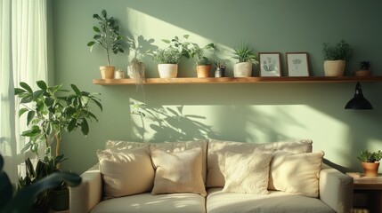 Cozy Living Room with Green Wall and Indoor Plants in Natural Light