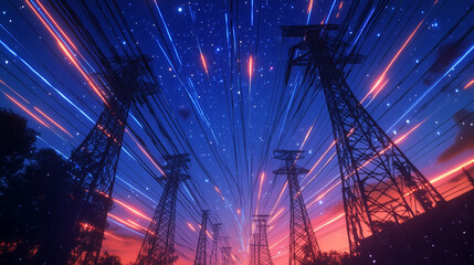Render Of Power Transmission Lines with 3D Digital Visualization of Electricity. Fantastic Visuals of Night Sky Full of Bright Stars. Concept of Renewable Green Energy Powering Human Progress