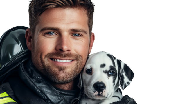 Png of Smiling Firefighter Holding Adorable Dalmatian Puppy on transparent background.