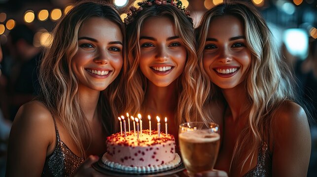 A group of five women celebrate together at a birthday party, raising glasses of colorful drinks in a toast.