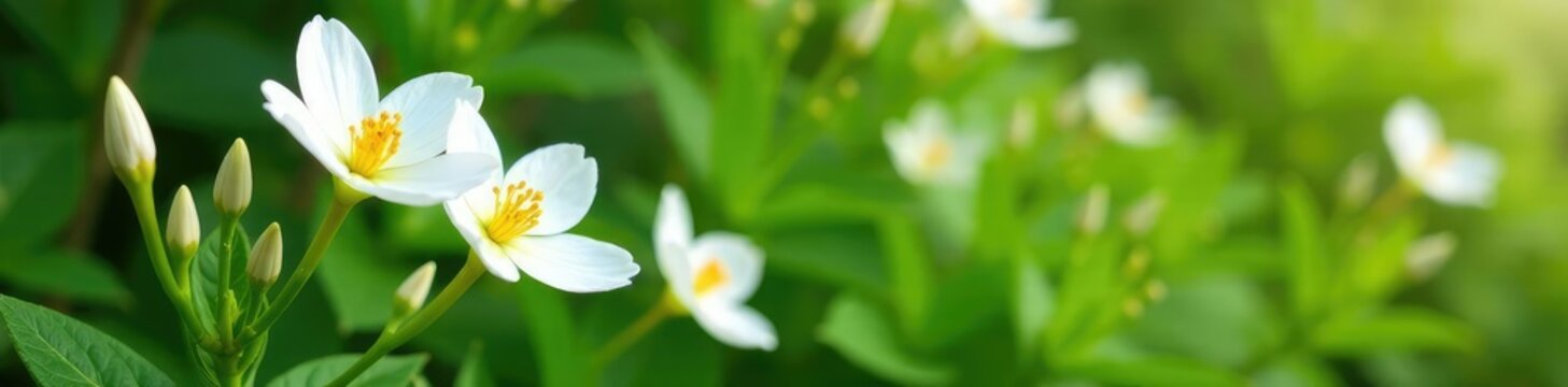 White manolia flowers in full bloom with long stems, greenery, blooming, nature