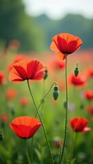Fototapeta premium Pink wild red poppies swaying in spring breeze, spring flowers, colorful wildflowers