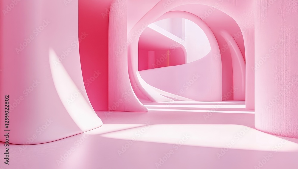Poster serene abstract interior in soft pink hues with curved shapes and dynamic architectural elements evo