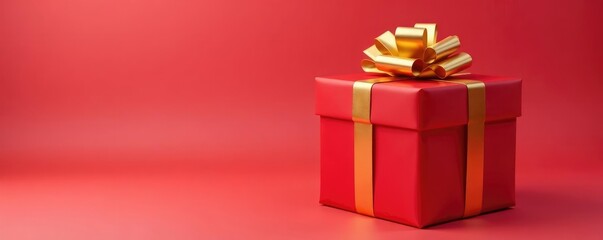 Obraz premium Tall cylindrical gift box wrapped in red paper with a golden bow on top, wrap, present, present box