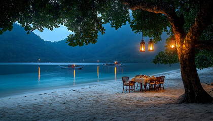 Serene beachside dinner setup under a tree with lanterns, boats anchored in calm waters at twilight