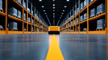 Autonomous warehouse robot navigates between tall shelves stocked with pallets.