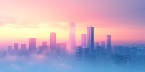 Fototapeta premium A minimalist cityscape background with pastel blue and pink buildings, a gradient sky.