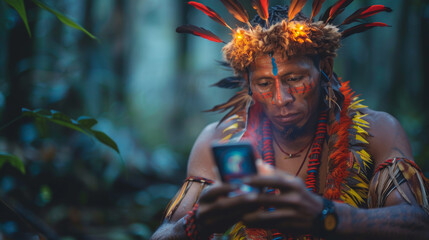 A man wearing a colorful headdress and holding a cell phone