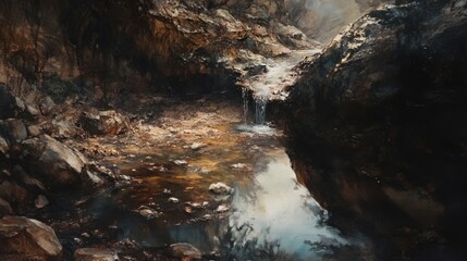 Rocky Canyon Stream Flowing Through Cave-Like Gorge