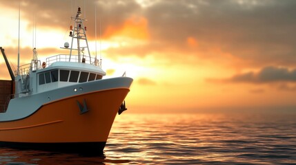 Fishing boat at sunset with calm ocean waters and beautiful sky in warm colors, serene and peaceful atmosphere