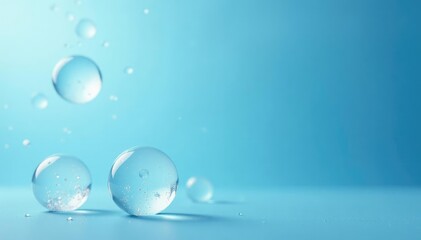 Soap foam bubbles suspended in mid-air on a clear blue background, gentle texture, weightless, soft focus