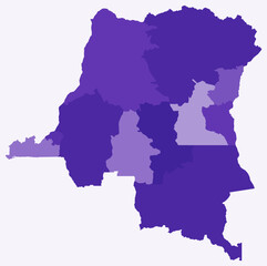 Map of Democratic Republic of the Congo with regions. Just a simple country border map with region division. Deep purple color palette.