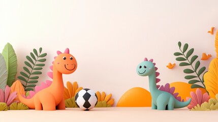 Adorable Cartoon Dinosaurs Playing with Soccer Ball Surrounded by Colorful Plants and Nature Elements