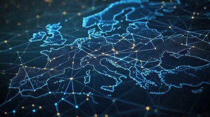 Abstract map of Western Europe, concept of data transfer and cyber technology