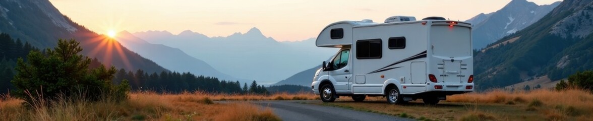 RV parked in scenic campsite, mountains in background, snow, winter