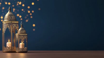 Glowing Moroccan lanterns on a table with golden bokeh lights in a festive blue night background, perfect for Ramadan Kareem and Eid celebrations.