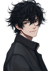 Cool anime boy with messy black hair wearing stylish jacket, exuding confidence and charm. His expressive eyes and playful smile add to his captivating presence