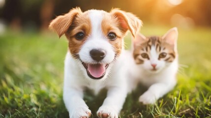Happy Puppy and Kitten Lying Together on Green Grass in Sunlight