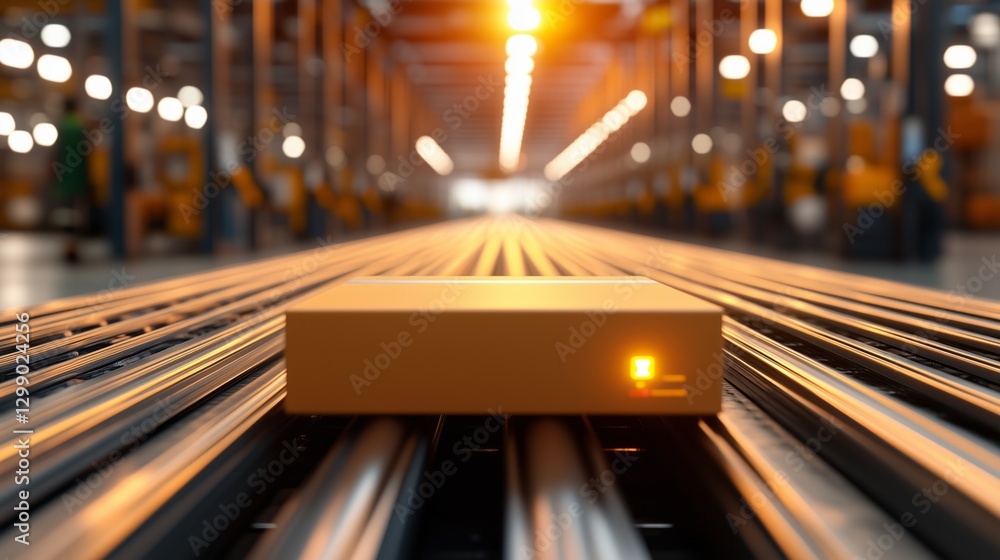 Aufkleber automated system moving a package on a conveyor in a warehouse.