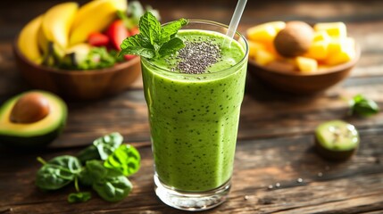 Photograph of a vibrant green detox smoothie in a tall glass, made with spinach, avocado, banana, and almond milk.