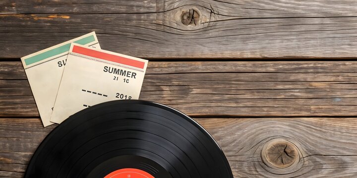 Summer Concert Concept. Summer 2018: A vinyl record rests on rustic wood, evoking nostalgic summer vibes and the timeless sounds of the past.  Listen closely!