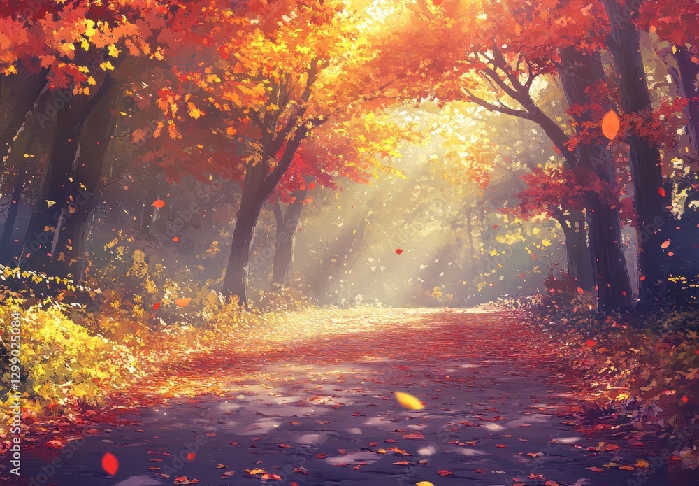 Poster serene autumn pathway through vibrant red and gold foliage illuminated by soft sunlight in a tranqui