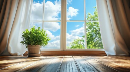 Fototapeta premium A minimalist bedroom featuring a large window, soft curtains, abundant natural light, a warm wooden floor, and a cozy atmosphere