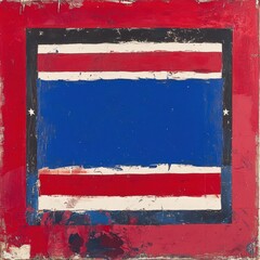 A close-up view of an abstract painting featuring a vibrant red, white, and blue square. The brushstrokes are textured, creating depth and movement within the colors.