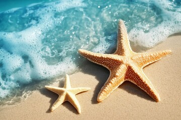 Starfish on the summer beach in sea water. Summer background. Summer time.