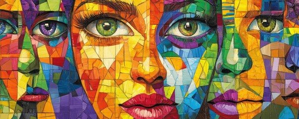 A captivating close-up of a painting featuring a woman's face, showcasing her strikingly unique eyes in a vibrant array of colors, each reflecting a different emotion and depth.