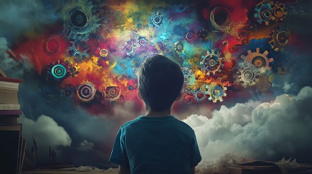 A young boy has a colorful and vibrant world inside his mind. It's full of shapes, scribbles, and gears. This shows the importance of children's mental health.  