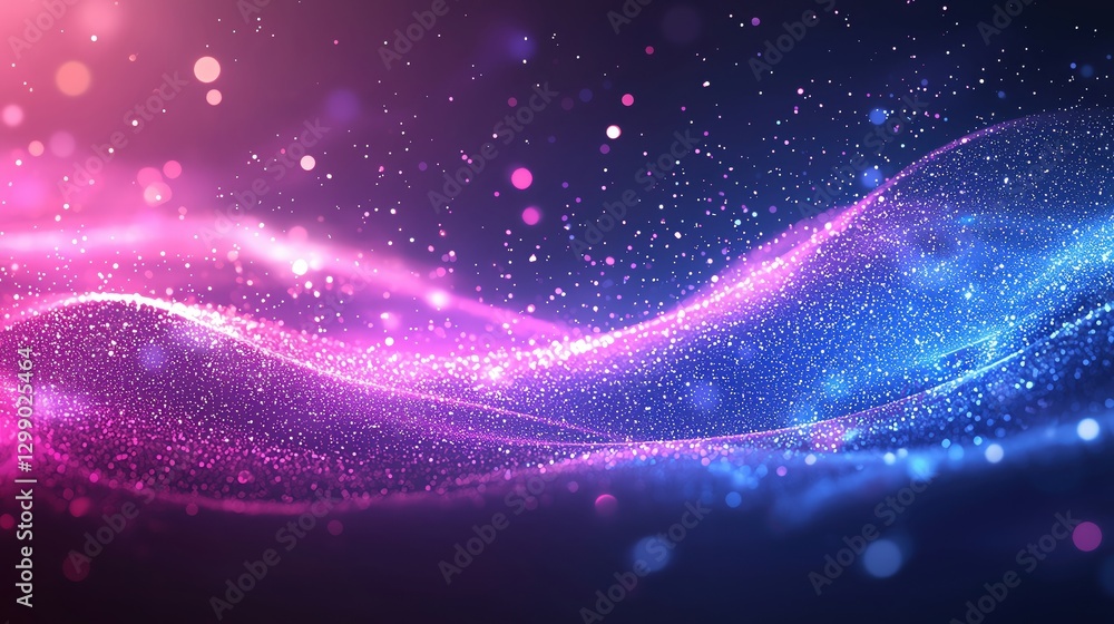Poster a vibrant abstract background with colorful particles and flowing waves of light.