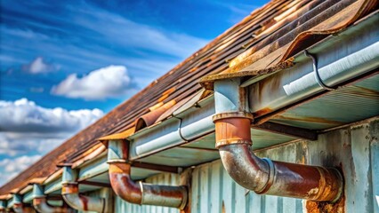 Rustic weathered downspouts and aged roofing tiles against a vibrant blue sky with fluffy clouds, showcasing a picturesque scene of weathered architectural details.