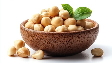 macadamia nuts in a wooden bowl isolated,cartoon
