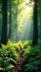 Obraz premium Tall ferns in the forest with sunlight filtering through, trees, plant life
